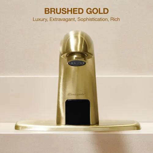 Miniatura 3 de Charmingwater Grifo de lavabo de baño sin contacto, grifo con sensor automático de movimiento con placa de cubierta de agujero, oro cepillado