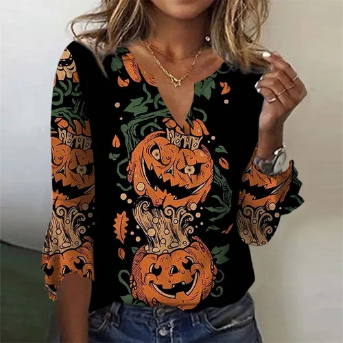 Miniatura 2 de 34 Length Sleeve Womens Tops Loose Casual Bat Print Shirts Halloween Graphic Tee Comfy V Neck Plus Size T Shirt Lightning Deals of Today