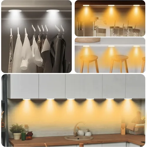Miniatura 2 de Sensor de movimiento de luz LED para debajo del gabinete, 6 discos de 3 colores de apagado automático debajo de la encimera, luz blanca cálida