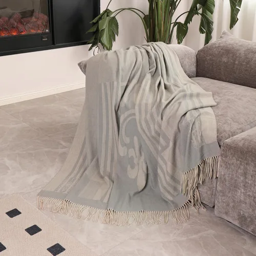 Miniatura 17 de Manta Jacquard de Lana Pura con Borlas, Grande 55x83 pulgadas, 1.5 libras, Manta de Rodilla de Lana de Cordero Suave y Cálida para Sofá Cama