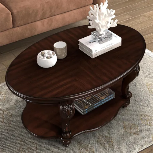 Miniatura 6 de Mesa de café ovalada de madera para sala de estar, mesa de café de dos niveles de madera maciza con estante de almacenamiento abierto, mesa