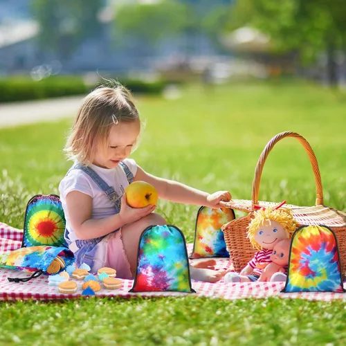 Miniatura 6 de 24 bolsas de 7 x 5 pulgadas con cordón de teñido anudado, bolsas reutilizables de poliéster coloridas para dulces para suministros de fiesta