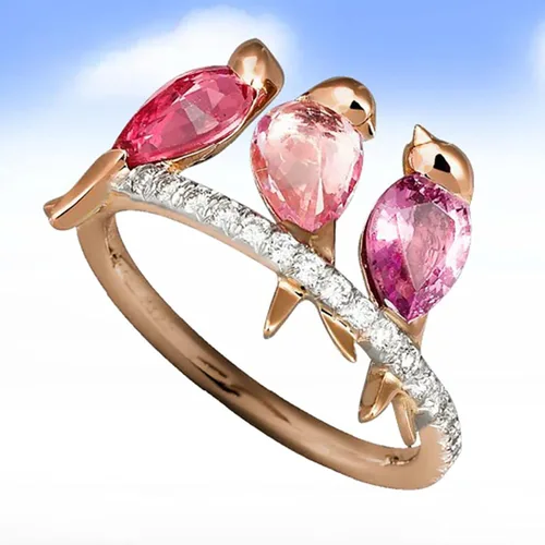 Miniatura 2 de Washranp Exquisito anillo de estilo fresco para mujer, pareja, anillos de amor creativos, 3 pájaros, animales, diamantes de imitación, fiesta