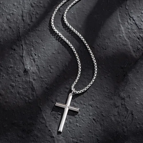 Miniatura 6 de FANCIME Collar con cruz biselada de plata de ley 925 maciza pulida con chapa de oro amarillo o blanco Collar de crucifijo para hombre Collar largo
