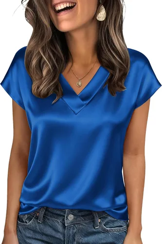 Miniatura 26 de Zeagoo - Camisetas de mujer de satén de seda, tops de manga corta con cuello en V, blusas para negocios y conjuntos casuales, talla S-2XL