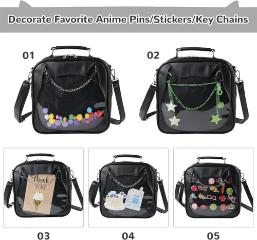 Miniatura 6 de LUI SUI Bolso Ita para mujer, bolso cruzado kawaii, lindo gato, bolso de mensajero, mochila transparente, bolso de hombro con pin