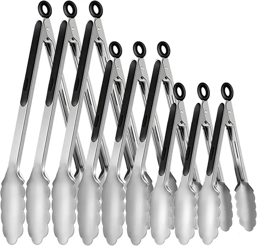 9 pinzas de cocina de acero inoxidable para asar, pinzas de cocina antideslizantes de metal para cocinar, ensalada y barbacoa, 7, 9 y 12 pulgadas