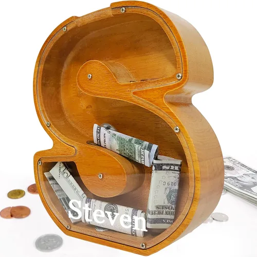 Miniatura 30 de Alcancía para niños y niñas, alcancía grande de madera personalizada con diseño recortado, bancos de monedas con letras del alfabeto, caja de ahorro