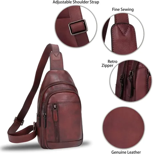 Miniatura 6 de IVTG Bolso bandolera de cuero genuino para mujeres y hombres, bolso cruzado de cuero, bolso de hombro para el pecho, mochila, Café, Mochilas Sling