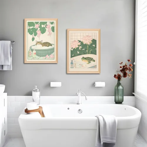 Miniatura 3 de Juego de 2 lienzos japoneses enmarcados para pared de baño con gatos y ranas, marco de madera, impresiones abstractas de naturaleza para decoración