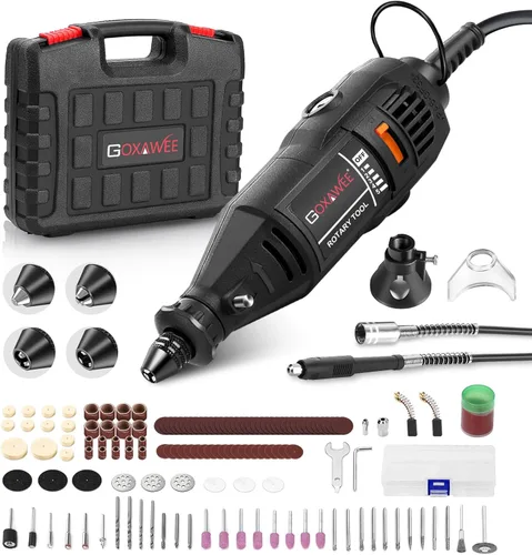 GOXAWEE Kit de herramientas rotativas con portabrocas sin llave MultiPro y eje flexible, 140 piezas, accesorios de velocidad variable, juego de Negro