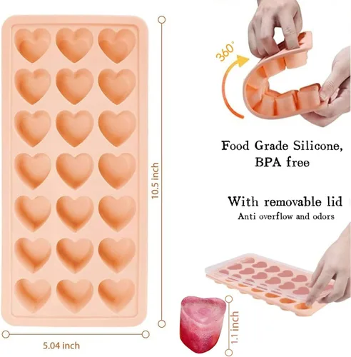 Miniatura 4 de Paquete de 2 bandejas para cubitos de hielo en forma de corazón, bandeja de silicona para cubitos de hielo de 42 agujeros con tapa, sin BPA y aptas