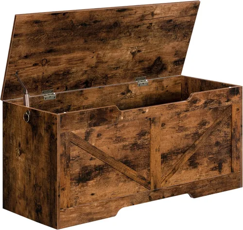 Miniatura 11 de HOOBRO Banco de almacenamiento, baúl de almacenamiento de madera retro de 39.4 pulgadas con tirador recortado en forma de U, bisagra de seguridad