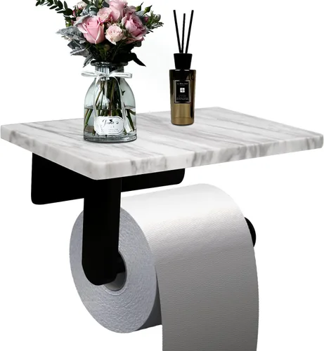 Miniatura 11 de Soporte de papel higiénico con estante de mármol natural para baño, soporte de pañuelos montado en la pared adecuado para rollo mega