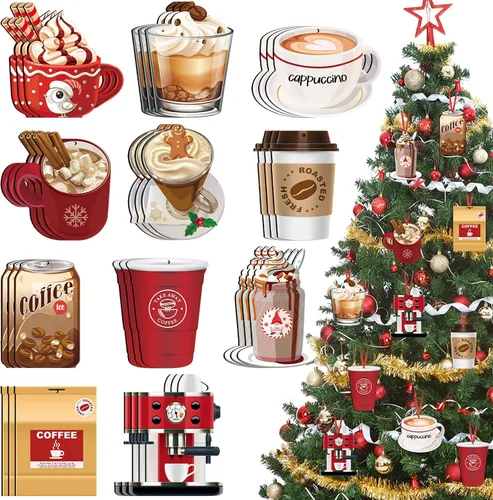 32 piezas de adornos de madera para taza de café para árbol de Navidad, adornos decorativos colgantes de cacao caliente y taza de té para vacaciones