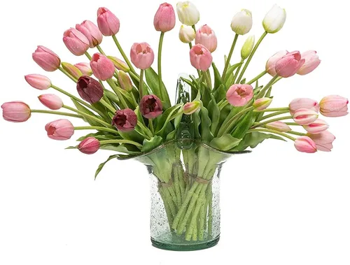 DUYONE 40 tulipanes artificiales, ramo de tulipanes de látex realistas suaves al tacto para el hogar, oficina, boda, fiesta, decoración de jardín,