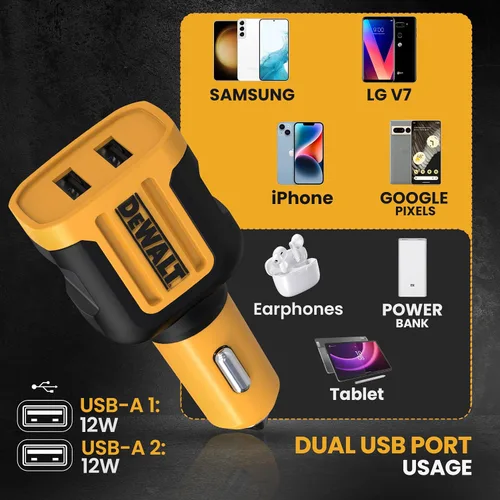Miniatura 6 de DEWALT Adaptador de Carga de Coche USB 24W de Servicio Pesado, Adaptador de Encendedor de Cigarrillos Cargador USBA, Adaptadores de Encendedor