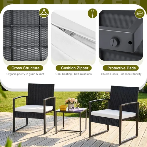 Miniatura 5 de Flamaker - Juego de 3 piezas de muebles de mimbre para patio al aire libre, sillas modernas de ratán, juego de conversación con mesa auxiliar