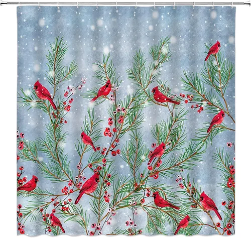 Cortina de ducha pequeña, diseño de pájaro rojo de Navidad, ramas de pino, copo de nieve, vacaciones de invierno, festival de Navidad, azul,