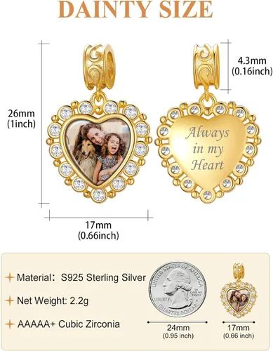 Miniatura 39 de Custom4U Photo Charms for Bracelets 925 Sterling Silver/Gold Plated Heart/Tree of Life/Round Charm Bead Personalized with Picture Custom