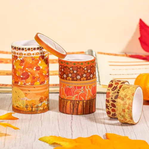 Miniatura 5 de Whaline 12 rollos de cinta washi de otoño de Acción de Gracias, calabaza de otoño, hojas de arce, cinta adhesiva de 3 tamaños, patrón de cosecha