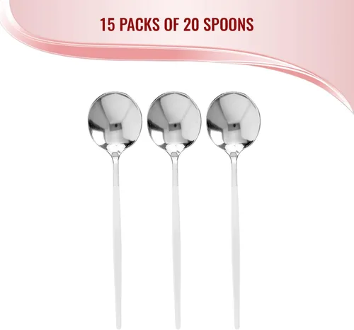 Miniatura 4 de Cucharas de plástico desechables plateadas con mango blanco, paquete de 240 cubiertos resistentes de 8.1 pulgadas sin BPA, elegantes cucharas