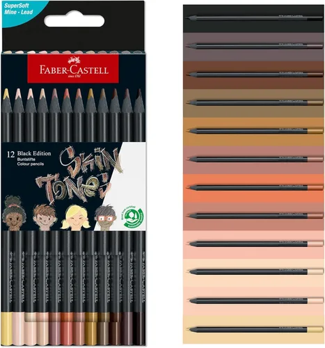 Faber-Castell Edición Negra Lápices de Colores para Tonos de Piel: 12 Unidades, Madera Negra y Mina Super Suave, Juego de Lápices de Colores para