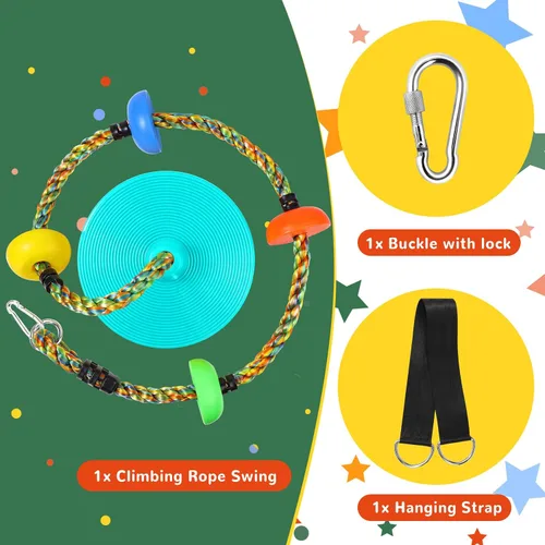 Miniatura 2 de Tree Swing for Kids,Heavy Duty Single Disc Seat Climbing Rope Set with Hanging Strap and Platform Carabiners for Backyard Treehouse and Outdoor