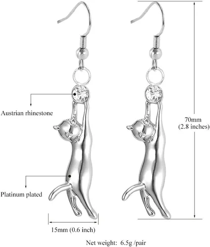 Miniatura 5 de Aretes U7 bañados en platino, con dije de gato y diamantes de imitación