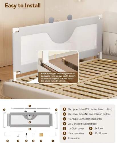 Miniatura 9 de Barandilla protectora para cama de bebé para niños pequeños, rieles reforzados de 54 pulgadas para cama completa con altura ajustable, barandilla