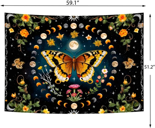 Miniatura 6 de Delur Tapiz de mariposa y luna, flores, botánico, floral, bohemio, tapiz para colgar en la pared, mandala estético, hongo, retro, vintage, cabecero