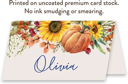 Miniatura 3 de Koko Paper Co Tarjetas de lugar de Acción de Gracias con calabaza y girasoles (50 unidades) 50 tarjetas de nombre estilo tienda de campaña
