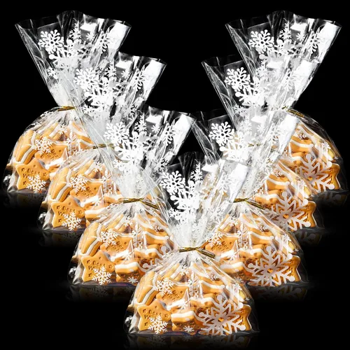 Resholder 100 bolsas de celofán transparentes de Navidad de 11.0 x 5.1 in, bolsas de almacenamiento con parte inferior de bloque, con 100 lazos