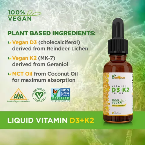 Miniatura 2 de Gotas líquidas veganas Vitamina D3 K2 (MK7) – Vitamina D líquida 100% a base de plantas mejorada con aceite de coco para una máxima absorción – 1