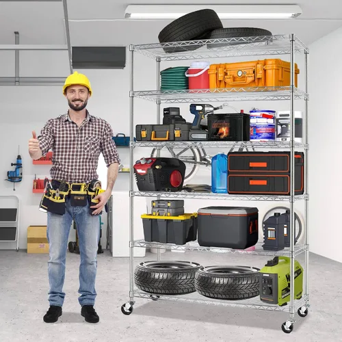 Miniatura 8 de Estantería metálica de 6000 libras de capacidad, estantes ajustables de 6 niveles para almacenamiento, estante de alambre de grado comercial Cromado