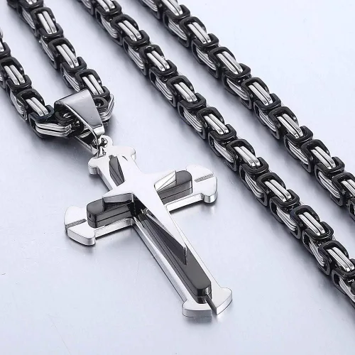 Miniatura 4 de Trendsmax - Collar con colgante de cruz para hombre, acero inoxidable, cadena bizantina de 22 24 26 28 30 pulgadas