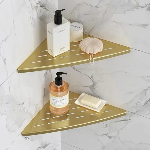 Qeke Estante esquinero de ducha dorado cepillado, acero inoxidable 304 de 11.5 pulgadas, estante esquinero empotrado de baño para pared de azulejos,