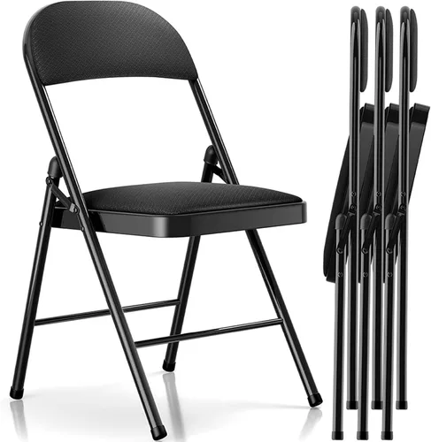 Fenbeli Paquete de 4 sillas plegables con cojín, sillas plegables acolchadas negras con respaldo, marco de metal y asiento de esponja, sillas
