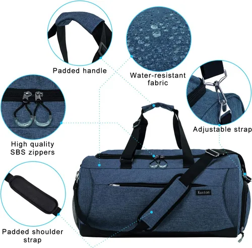 Miniatura 5 de Kuston Bolsa de gimnasio deportiva con compartimento para zapatos y bolsillo húmedo, bolsa de lona para gimnasio para hombres y mujeres, Azul