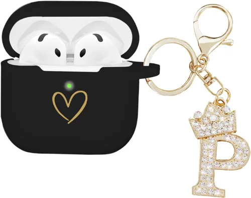 Miniatura 26 de Compatible con AirPods 4 Cover 2024, funda de silicona suave con patrón de corazón dorado para 4ª generación, llavero de letra A-Z con diamantes