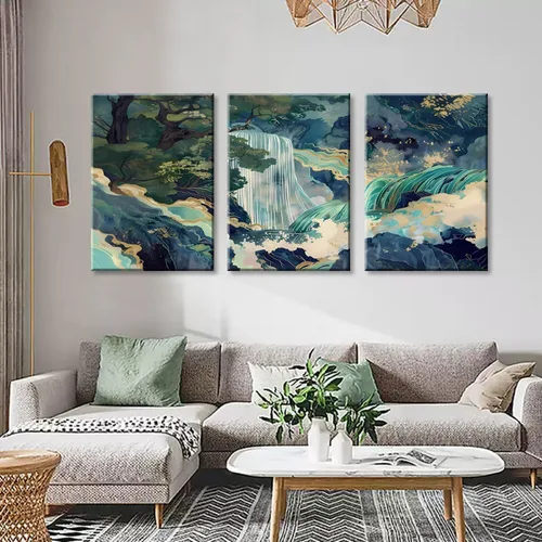 Miniatura 5 de 3 piezas de lienzo japonés enmarcado para pared, pintura de paisaje de cascada grande, póster impreso en lienzo envolvente, obra de arte