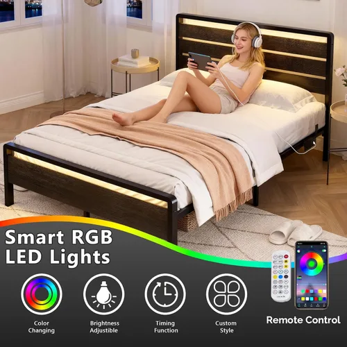 Miniatura 4 de VINGLI Base de cama de plataforma completa con espacio de almacenamiento debajo de la cama de 12 pulgadas, cabecero y estribo LED RGB, 2 puertos