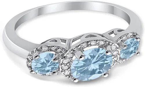 Miniatura 3 de Blue Apple Co. Anillo de boda con halo de 3 piedras, plata de ley 925 con circonita cúbica redonda simulada