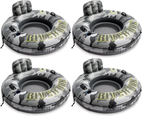 Intex 56835EP River Run I - Balsa inflable remolcable de agua flotante con portavasos y asas para río, lago o piscinas, camuflaje gris (paquete de 4)