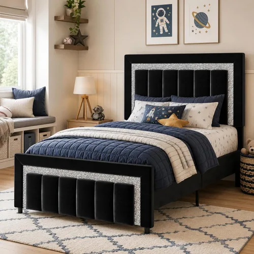 Miniatura 9 de HOMBCK Marcos de Cama Individual, Marco de Cama Tamaño Individual con Cabecera y Pie de Cama de Diseño de Terciopelo Diamante, Marco de Cama