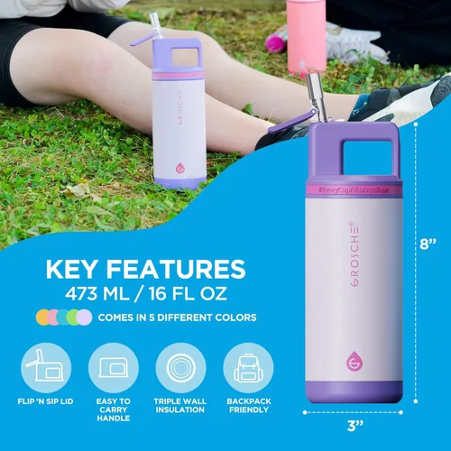 Miniatura 8 de GROSCHE Alpine Flip n' Sip - Botella de agua aislada de 16 onzas para niños, acero inoxidable, a prueba de fugas, con pajilla, perfecta