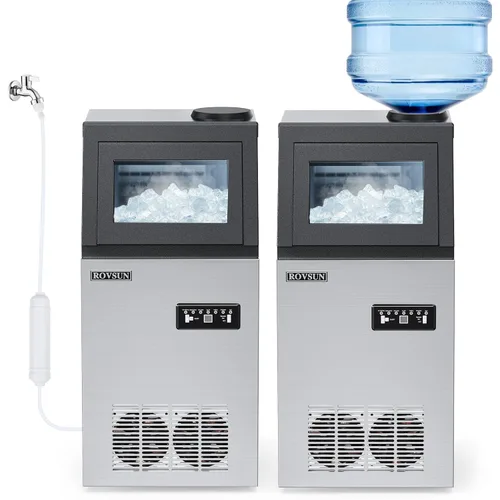 ROVSUN Máquina comercial para hacer hielo de 110 libras/24 horas con 2 entradas de agua, máquina de hielo independiente con contenedor de