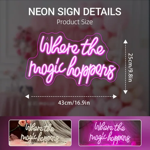Miniatura 6 de Letrero de neón con texto en inglés "Where The Magic Happens" con luz LED rosa para decoración de pared, letras alimentadas por USB, luz de neón