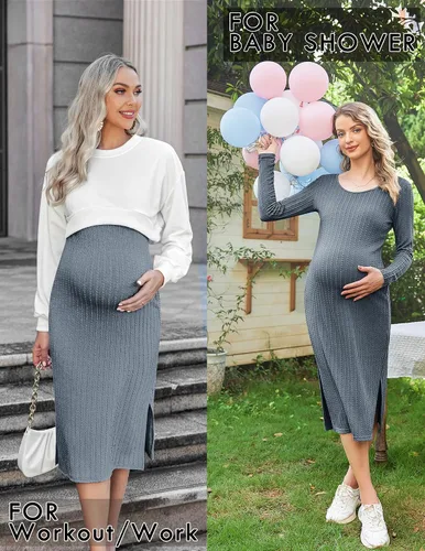 Miniatura 5 de Ekouaer Maternity Dress Rib Knit Long Sleeve Side Slit Bodycon Dresses Pregnancy Baby Shower Clothes S-XXL