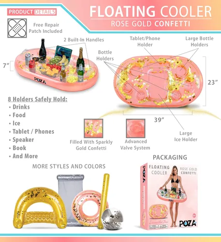 Miniatura 3 de POZA Hielera flotante inflable dorada – Lujoso soporte para bebidas relleno de confeti brillante, flotador de fiesta premium con 8 soportes, barra